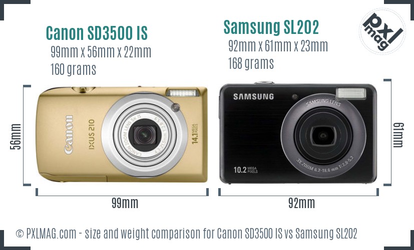 Canon SD3500 IS vs Samsung SL202 size comparison