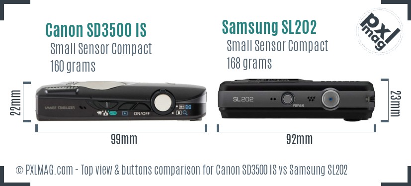 Canon SD3500 IS vs Samsung SL202 top view buttons comparison