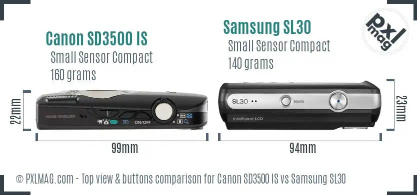 Canon SD3500 IS vs Samsung SL30 top view buttons comparison Canon SD3500 IS vs Samsung SL30 top view buttons comparison
