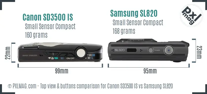 Canon SD3500 IS vs Samsung SL820 top view buttons comparison