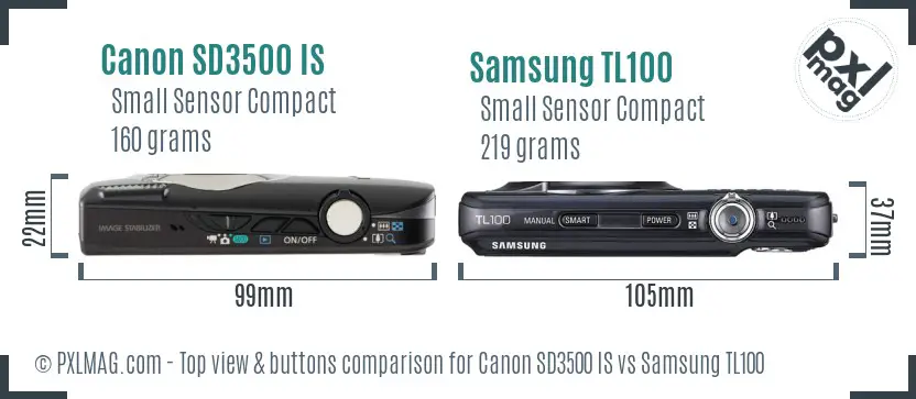 Canon SD3500 IS vs Samsung TL100 top view buttons comparison Canon SD3500 IS vs Samsung TL100 top view buttons comparison