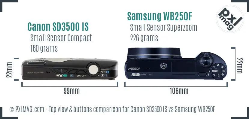 Canon SD3500 IS vs Samsung WB250F top view buttons comparison Canon SD3500 IS vs Samsung WB250F top view buttons comparison
