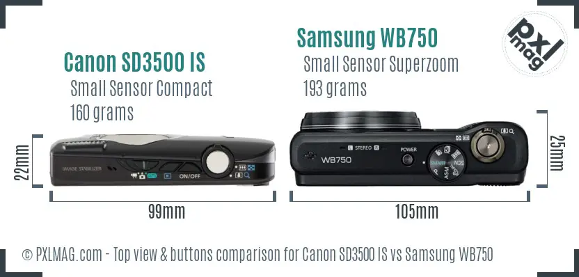 Canon SD3500 IS vs Samsung WB750 top view buttons comparison Canon SD3500 IS vs Samsung WB750 top view buttons comparison
