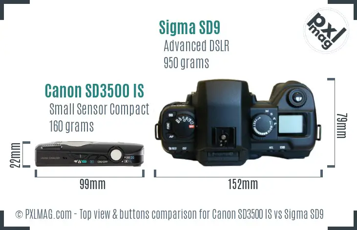 Canon SD3500 IS vs Sigma SD9 top view buttons comparison