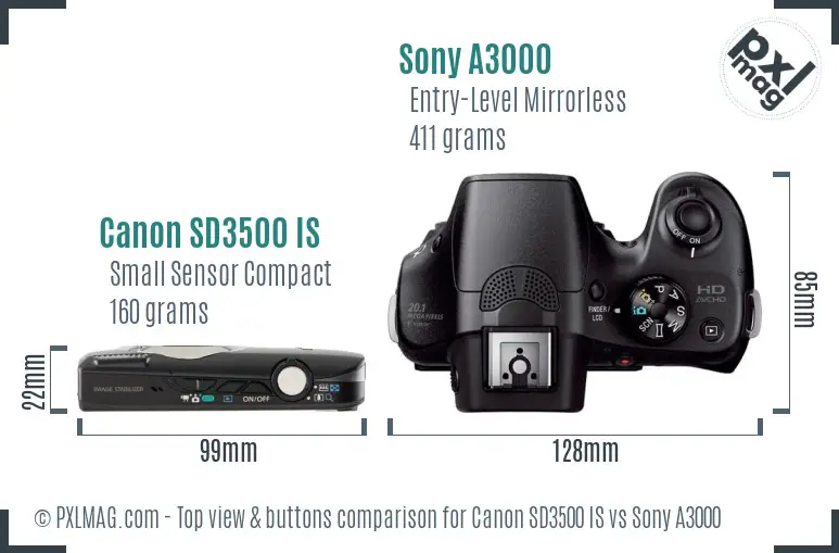 Canon SD3500 IS vs Sony A3000 top view buttons comparison