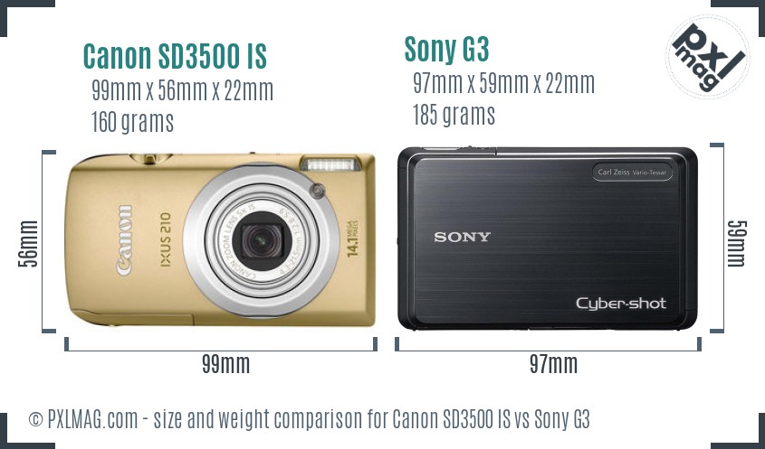Canon SD3500 IS vs Sony G3 size comparison