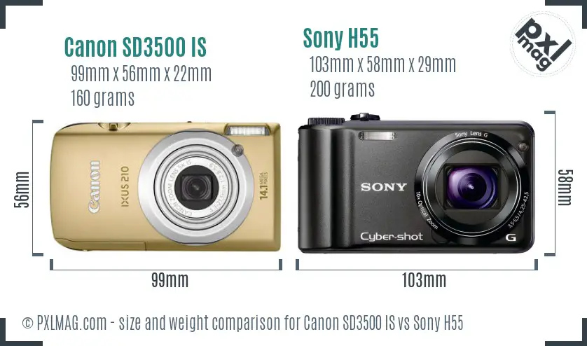 Canon SD3500 IS vs Sony H55 size comparison