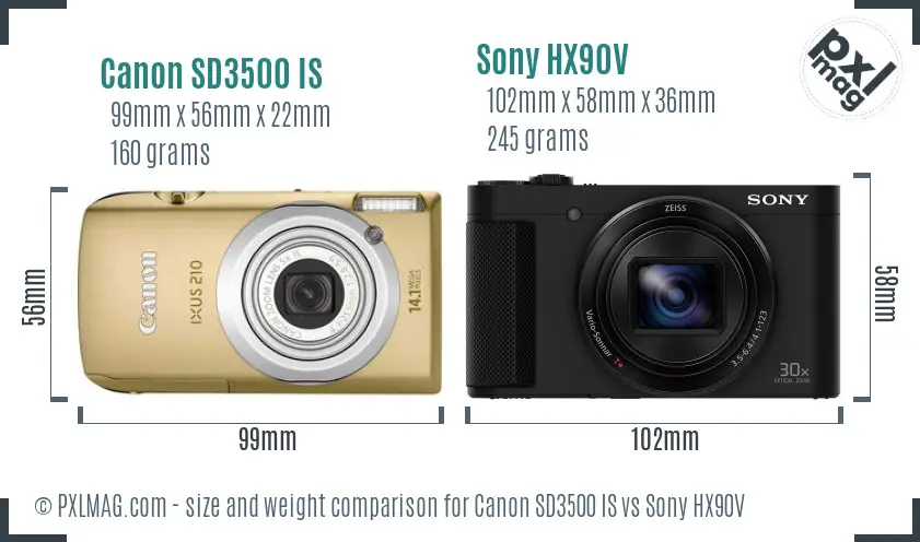 Canon SD3500 IS vs Sony HX90V size comparison