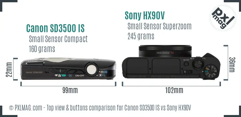 Canon SD3500 IS vs Sony HX90V top view buttons comparison