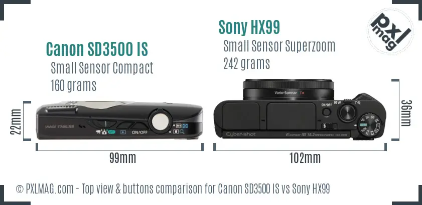 Canon SD3500 IS vs Sony HX99 top view buttons comparison