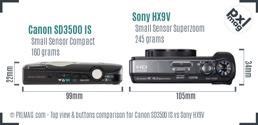 Canon SD3500 IS vs Sony HX9V top view buttons comparison