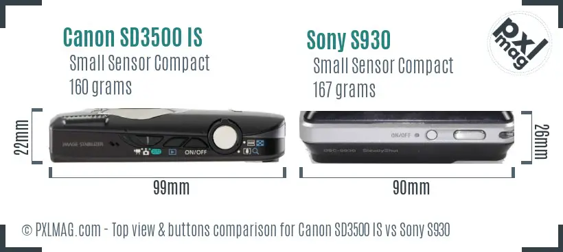 Canon SD3500 IS vs Sony S930 top view buttons comparison Canon SD3500 IS vs Sony S930 top view buttons comparison