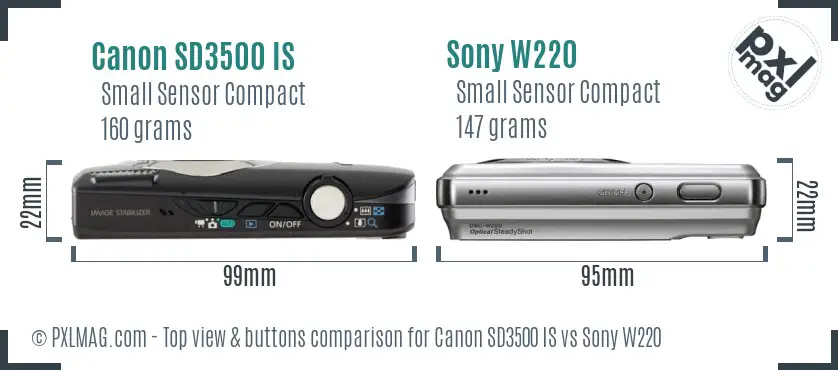 Canon SD3500 IS vs Sony W220 top view buttons comparison