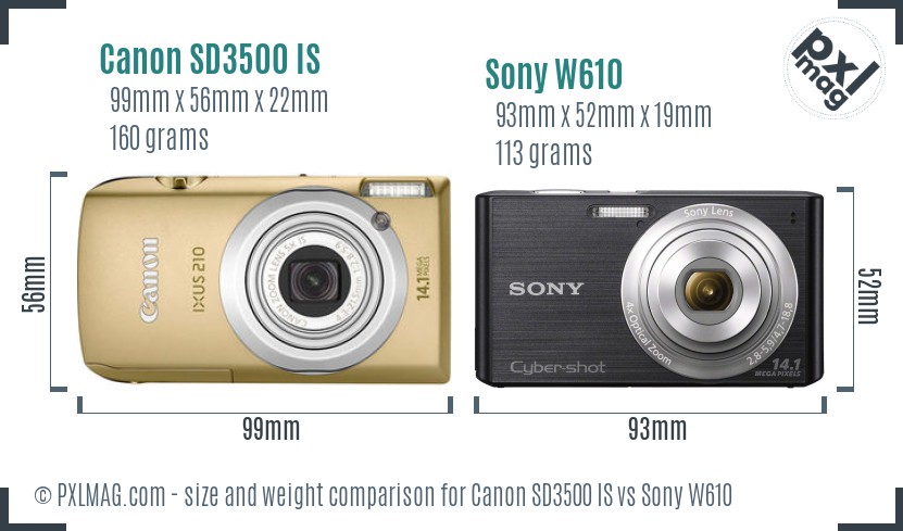 Canon SD3500 IS vs Sony W610 size comparison