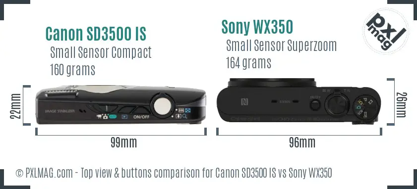 Canon SD3500 IS vs Sony WX350 top view buttons comparison