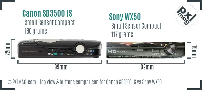 Canon SD3500 IS vs Sony WX50 top view buttons comparison