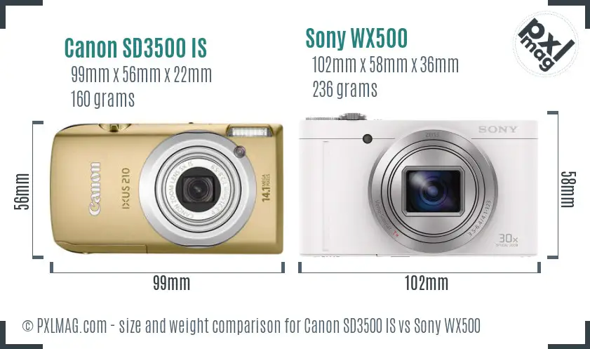 Canon SD3500 IS vs Sony WX500 size comparison