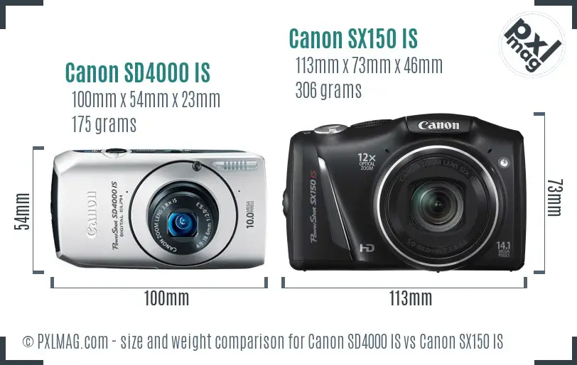 Canon SD4000 IS vs Canon SX150 IS size comparison