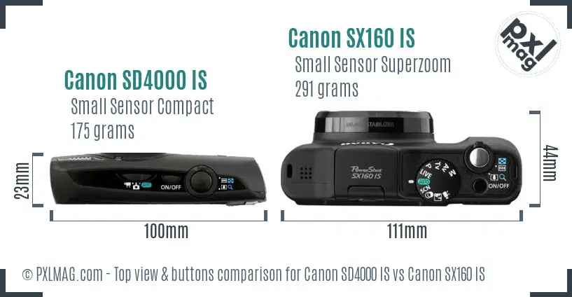 Canon SD4000 IS vs Canon SX160 IS top view buttons comparison