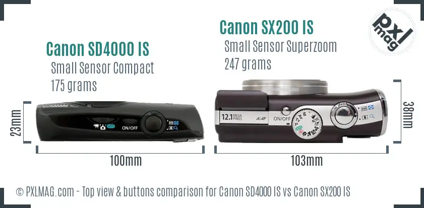 Canon SD4000 IS vs Canon SX200 IS top view buttons comparison