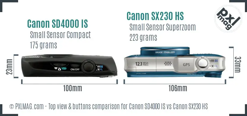 Canon SD4000 IS vs Canon SX230 HS top view buttons comparison