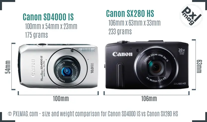 Canon SD4000 IS vs Canon SX280 HS size comparison