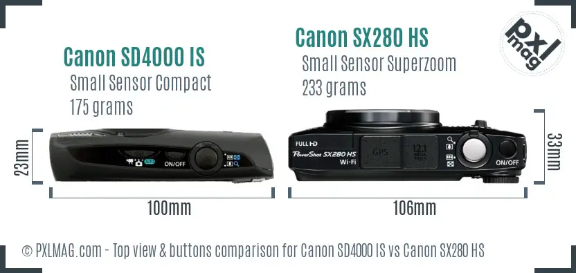 Canon SD4000 IS vs Canon SX280 HS top view buttons comparison