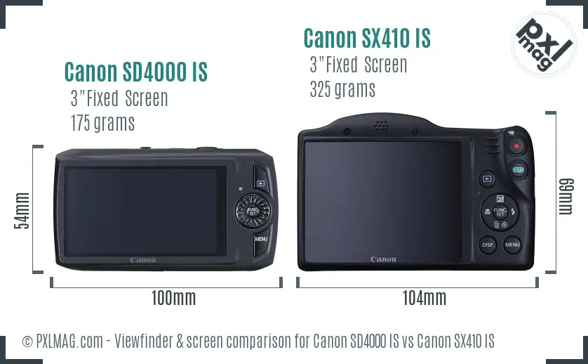 Canon SD4000 IS vs Canon SX410 IS Screen and Viewfinder comparison