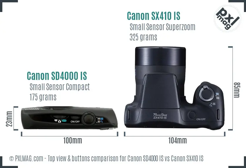 Canon SD4000 IS vs Canon SX410 IS top view buttons comparison