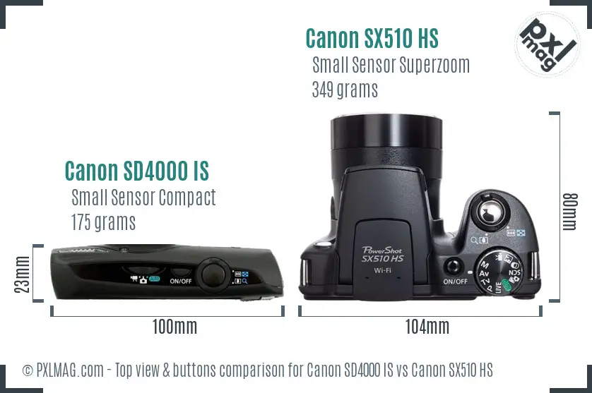Canon SD4000 IS vs Canon SX510 HS top view buttons comparison