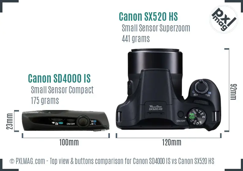 Canon SD4000 IS vs Canon SX520 HS top view buttons comparison