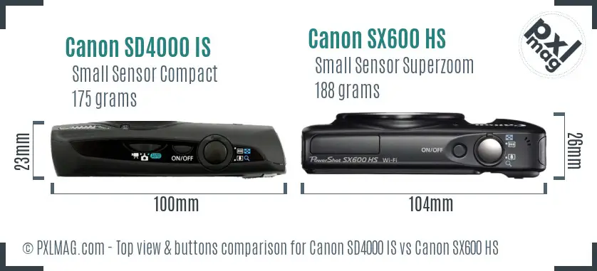 Canon SD4000 IS vs Canon SX600 HS top view buttons comparison