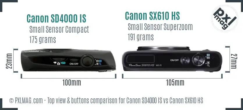 Canon SD4000 IS vs Canon SX610 HS top view buttons comparison