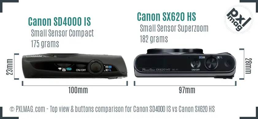 Canon SD4000 IS vs Canon SX620 HS top view buttons comparison