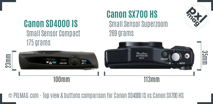 Canon SD4000 IS vs Canon SX700 HS top view buttons comparison