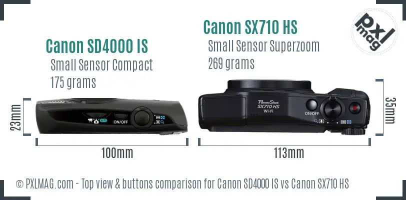 Canon SD4000 IS vs Canon SX710 HS top view buttons comparison