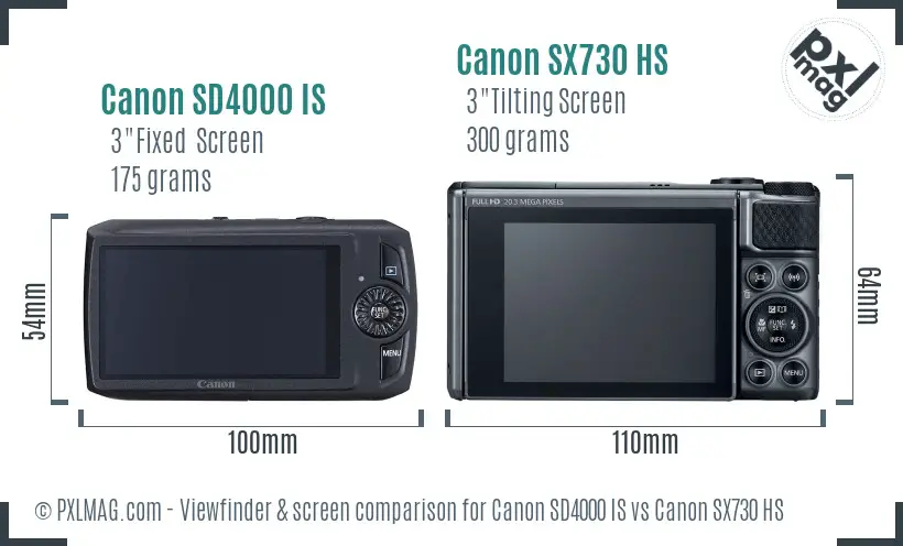 Canon SD4000 IS vs Canon SX730 HS Screen and Viewfinder comparison