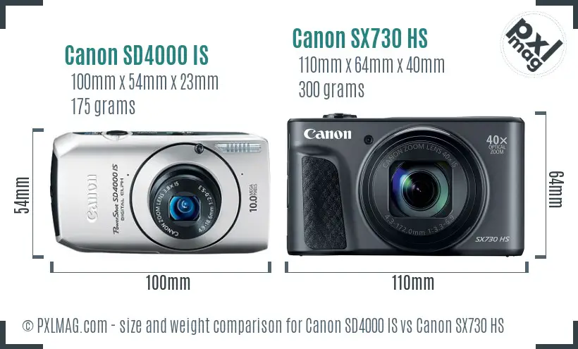 Canon SD4000 IS vs Canon SX730 HS size comparison