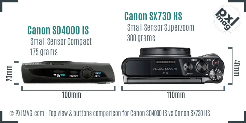 Canon SD4000 IS vs Canon SX730 HS top view buttons comparison