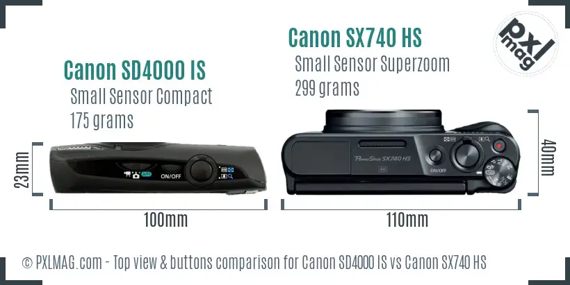 Canon SD4000 IS vs Canon SX740 HS top view buttons comparison
