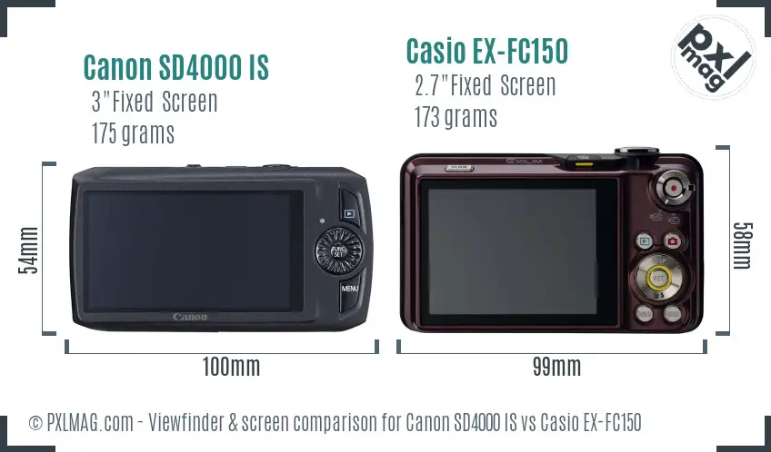 Canon SD4000 IS vs Casio EX-FC150 Screen and Viewfinder comparison