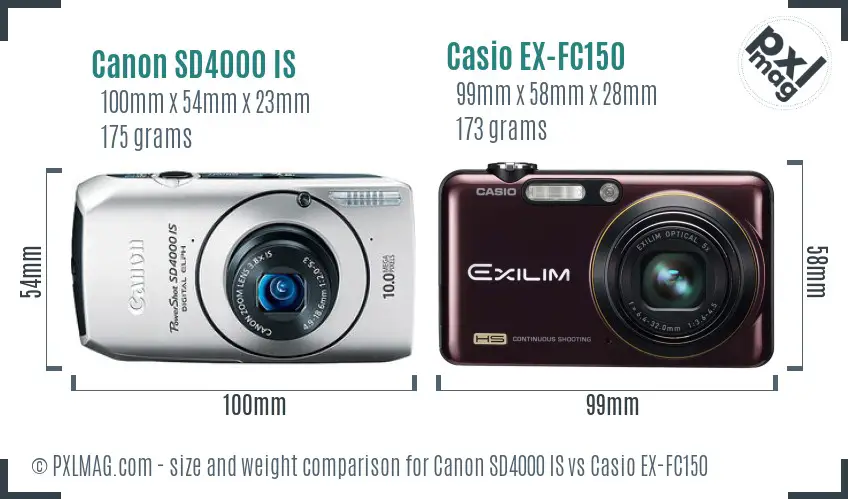 Canon SD4000 IS vs Casio EX-FC150 size comparison