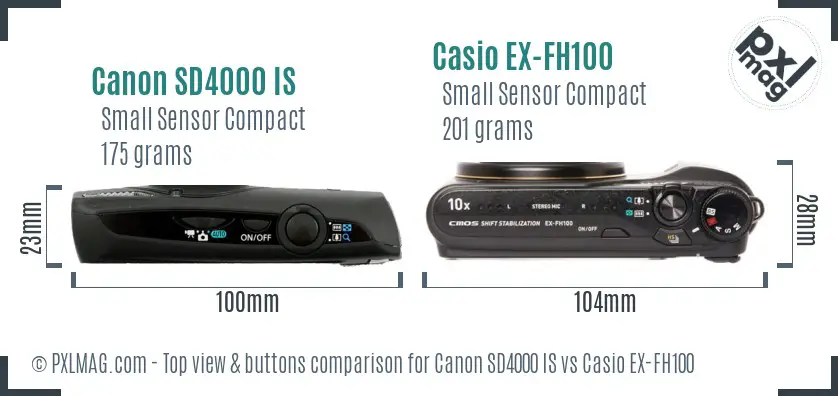 Canon SD4000 IS vs Casio EX-FH100 top view buttons comparison