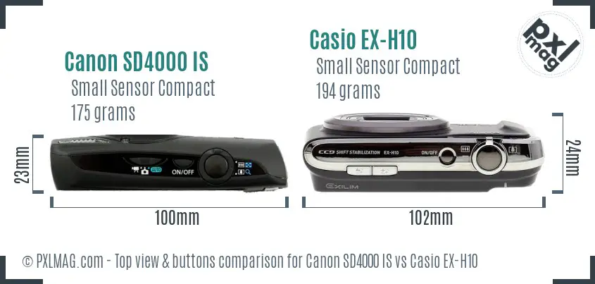 Canon SD4000 IS vs Casio EX-H10 top view buttons comparison