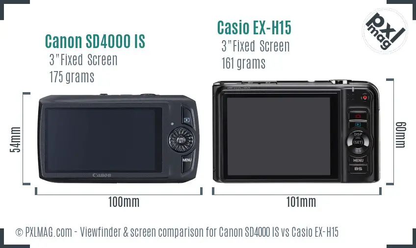 Canon SD4000 IS vs Casio EX-H15 Screen and Viewfinder comparison