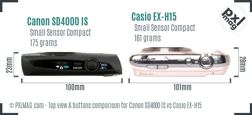 Canon SD4000 IS vs Casio EX-H15 top view buttons comparison