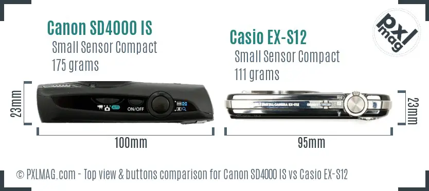 Canon SD4000 IS vs Casio EX-S12 top view buttons comparison Canon SD4000 IS vs Casio EX-S12 top view buttons comparison
