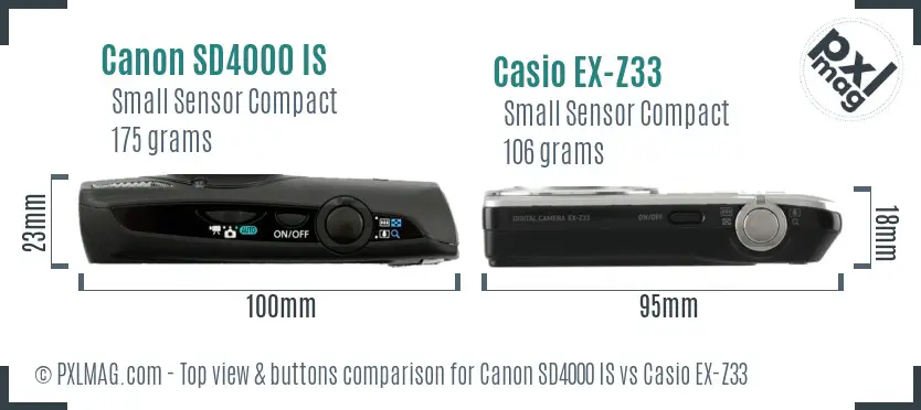 Canon SD4000 IS vs Casio EX-Z33 top view buttons comparison