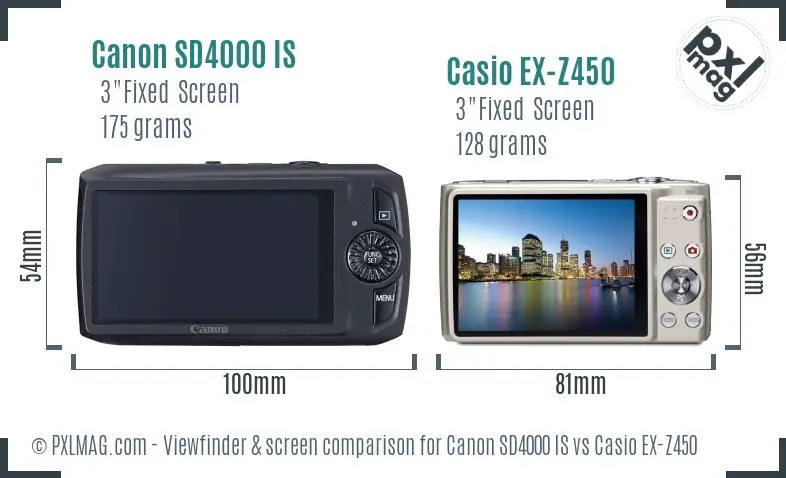 Canon SD4000 IS vs Casio EX-Z450 Screen and Viewfinder comparison