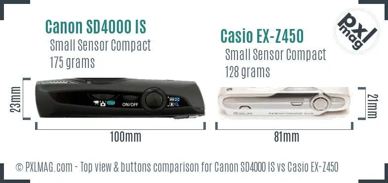 Canon SD4000 IS vs Casio EX-Z450 top view buttons comparison